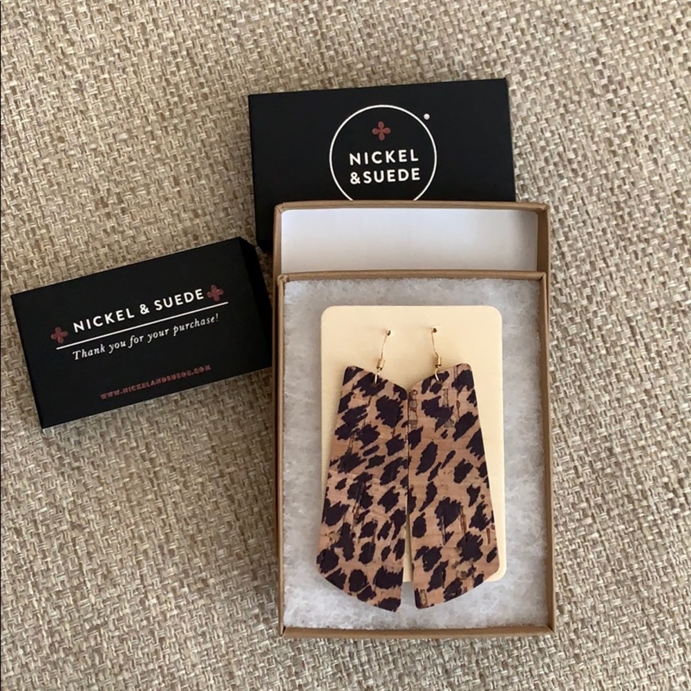 Nickel & Suede Leather Cheetah Cork Earrings
